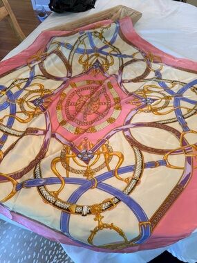 100% Silk Pink & Cream Scarf with Gold Chain Equestrian Print